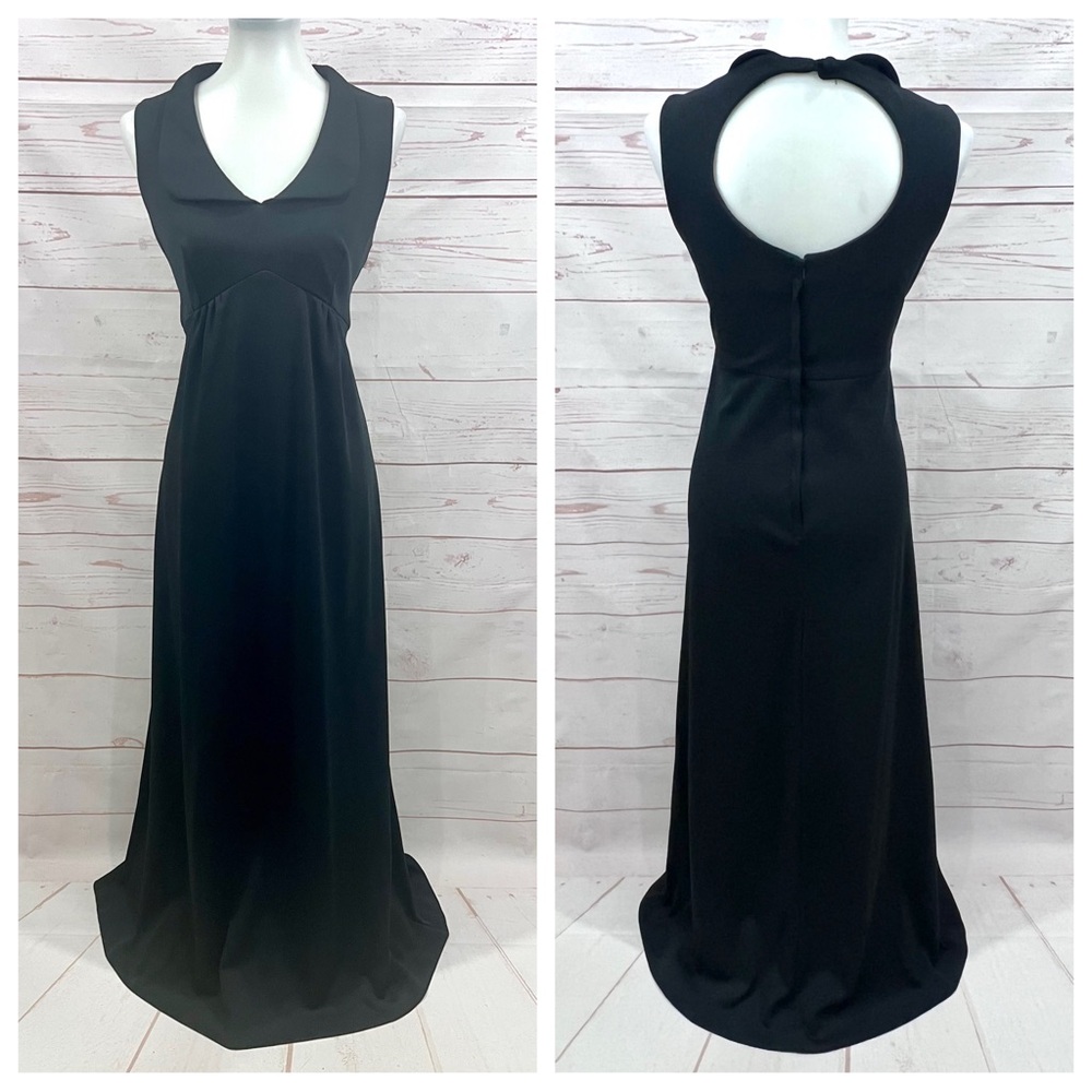 Vintage Mid Century Mod Black Peter Pan Collar Open Back Retro Maxi Dress